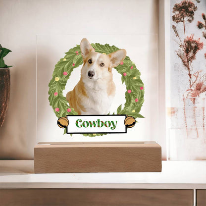 Pet Personalized Holiday Wreath Photo Upload Keepsake Acrylic Plaque with Lighted LED Wooden Base - Mallard Moon Gift Shop