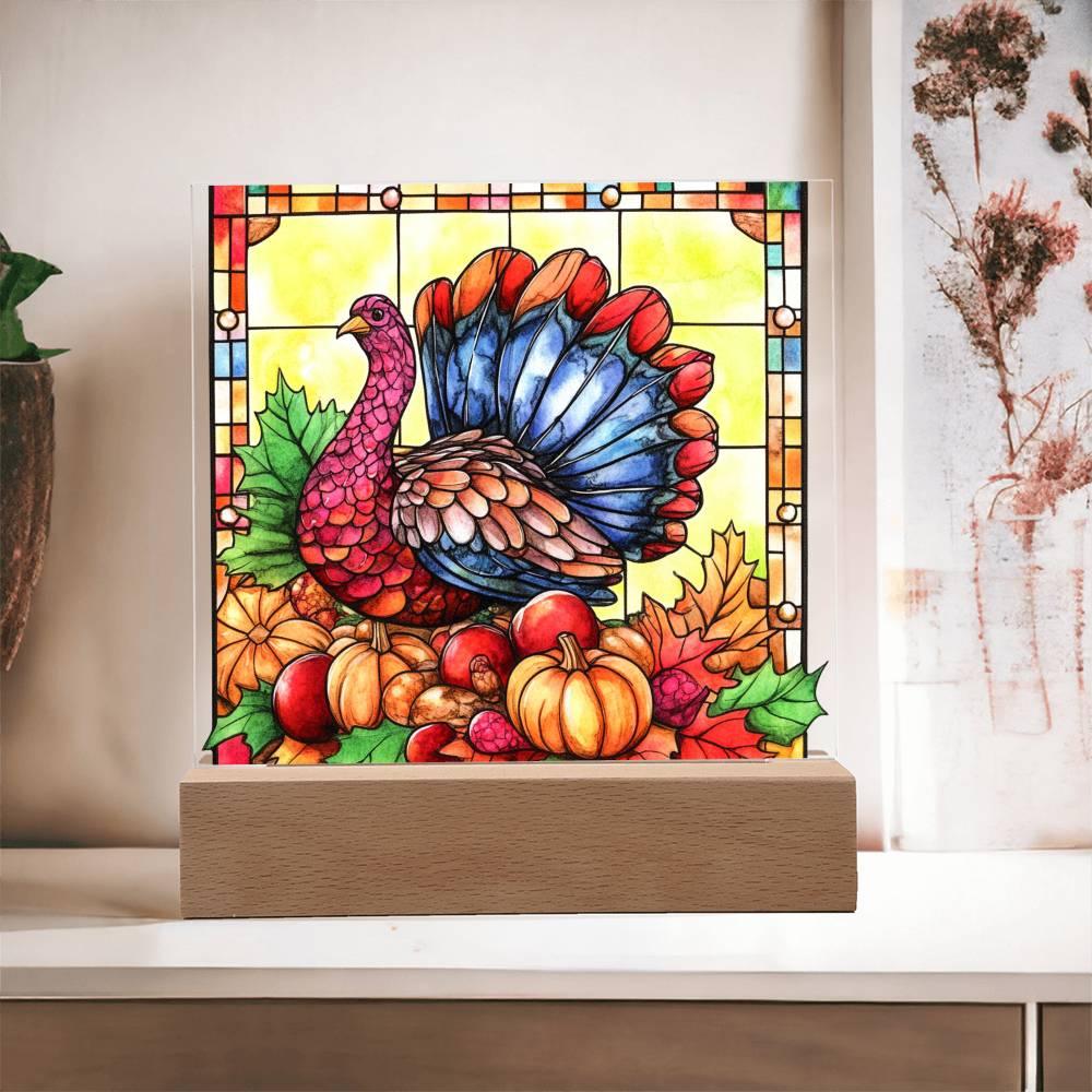 Thanksgiving Turkey Stained-glass Acrylic Square LED Lighted Wooden Base - Mallard Moon Gift Shop