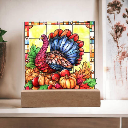 Thanksgiving Turkey Stained-glass Acrylic Square LED Lighted Wooden Base - Mallard Moon Gift Shop