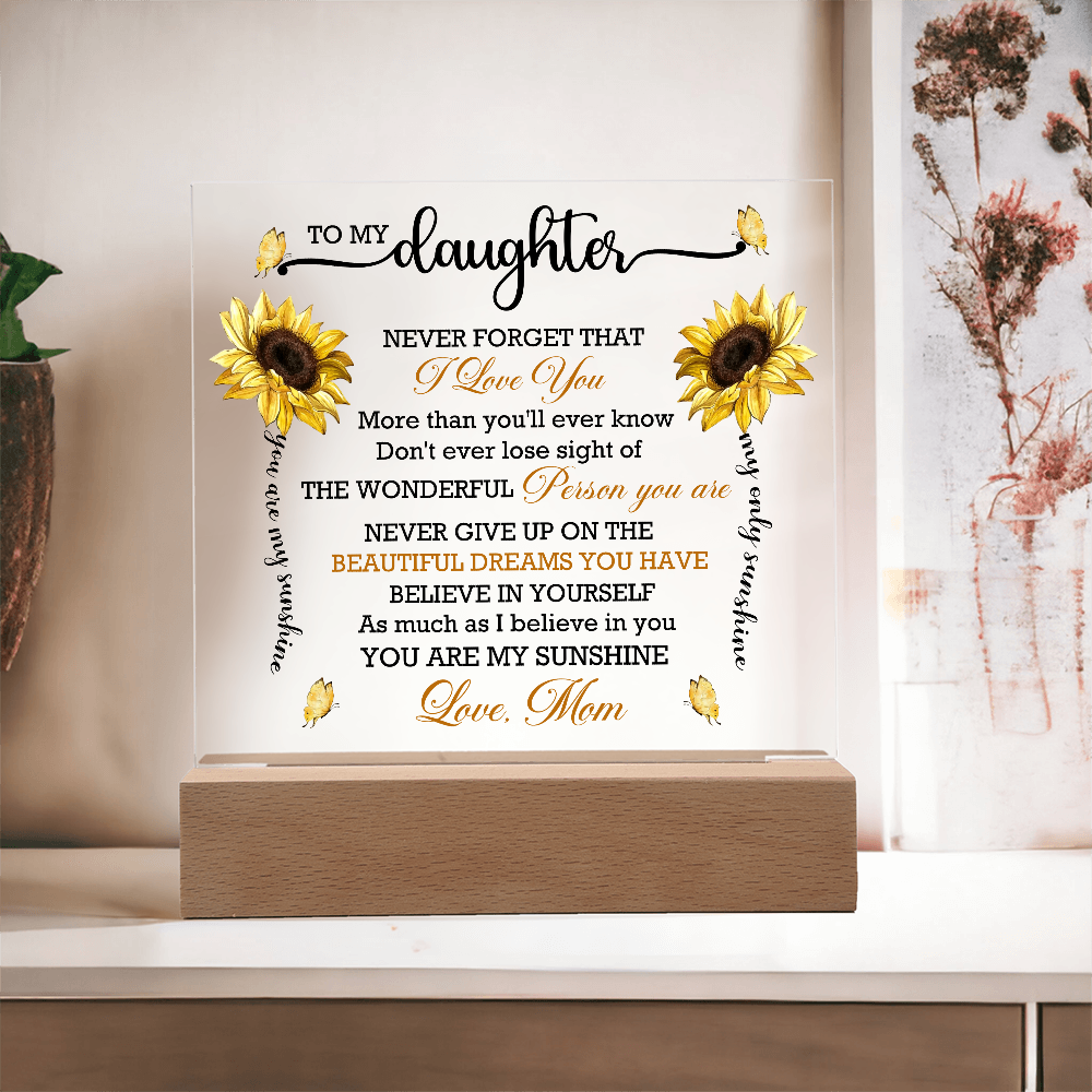 Daughter Sunflower Acrylic Plaque with LED Lighted Wooden Base Meaningful Birthday, Graduation, or Christmas Present Gift from Mom - Mallard Moon Gift Shop