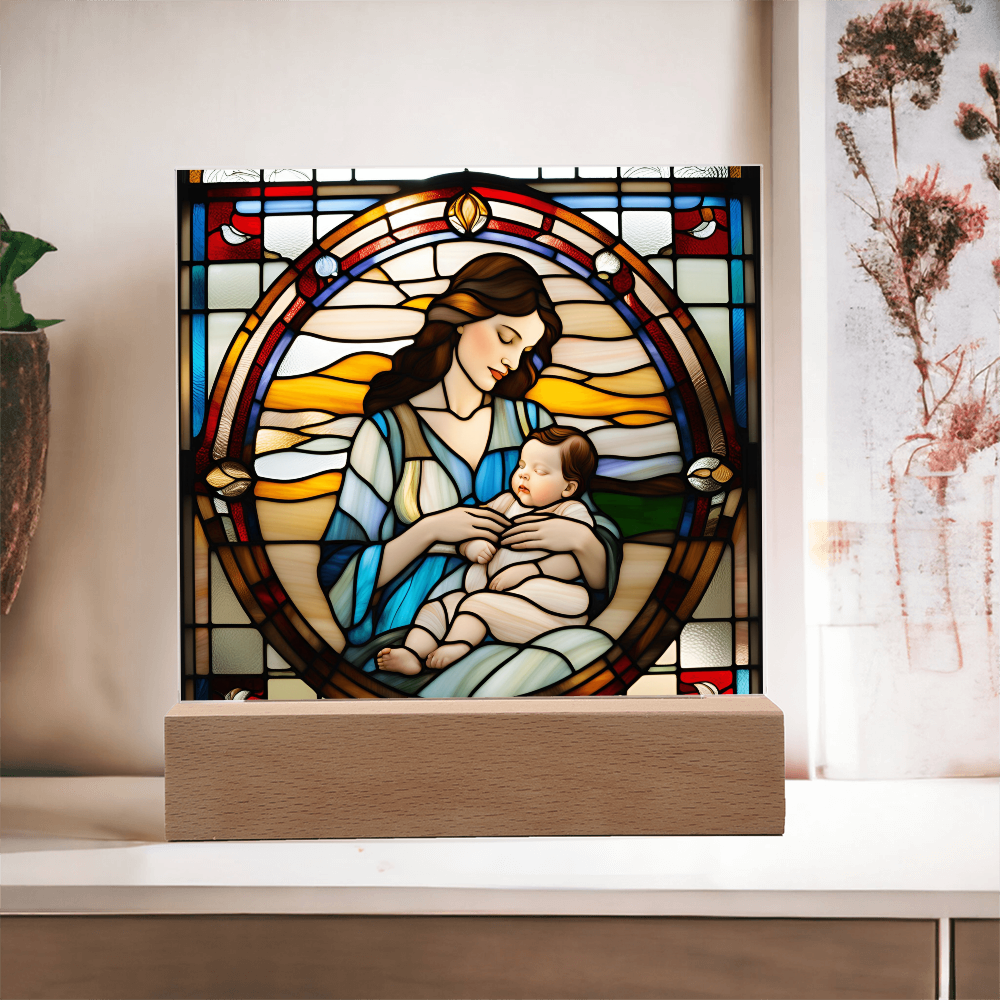 Brunette Mother and Baby - Stained Glass Style LED Acrylic Plaque – A Cherished Gift for Mother's Day or New Moms - Mallard Moon Gift Shop