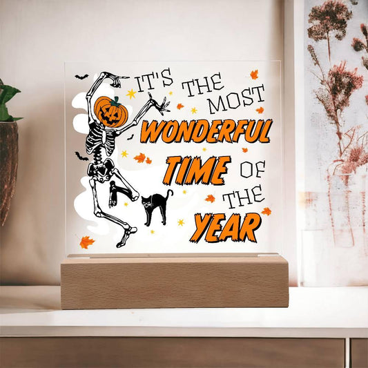 Halloween Decor - The Most Wonderful Time of the Year Acrylic Square Plaque with LED Wooden Base - Mallard Moon Gift Shop