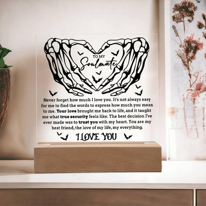 Soulmate - True Security - Halloween Acrylic Square Plaque with LED Lighted Wooden Base - Mallard Moon Gift Shop