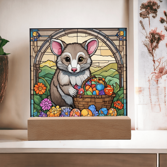 Easter Possum LED Acrylic Plaque, Night Light – Spring Flowers & Egg Basket – Wooden Base (Battery or Corded) - Mallard Moon Gift Shop