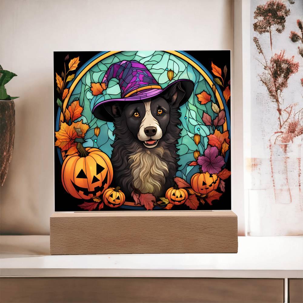 Dog Halloween Portrait Stained Glass Acrylic Plaque with LED Lighted Wooden Base - Mallard Moon Gift Shop