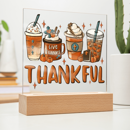 Thankful Coffee Acrylic Plaque – Cozy Fall Décor Gift for Coffee Lovers | “Give Thanks” Autumn LED Light Display