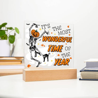 Halloween Decor - The Most Wonderful Time of the Year Acrylic Square Plaque with LED Wooden Base - Mallard Moon Gift Shop