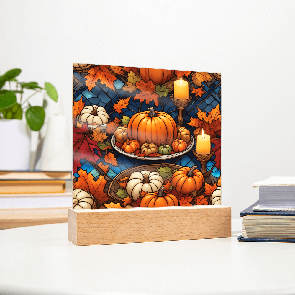 Stained Glass Pumpkin & Candle Acrylic Plaque – Thanksgiving Harvest Centerpiece | Fall Home Décor with LED Light Base