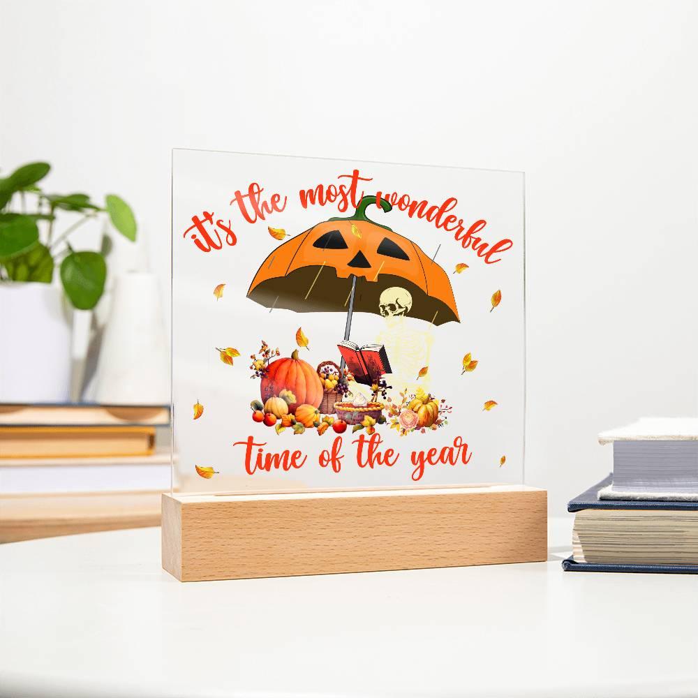 Halloween Decor - Most Wonderful Time of The Year Acrylic Square Plaque with LED Wooden Base - Mallard Moon Gift Shop