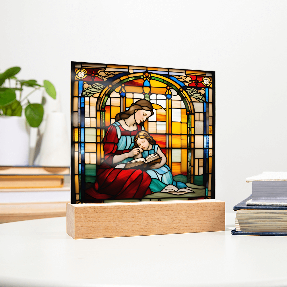 Mother and Child Reading Together Stained-Glass Style LED Acrylic Plaque – A Heartfelt Gift for Moms and Book-Loving Families - Mallard Moon Gift Shop