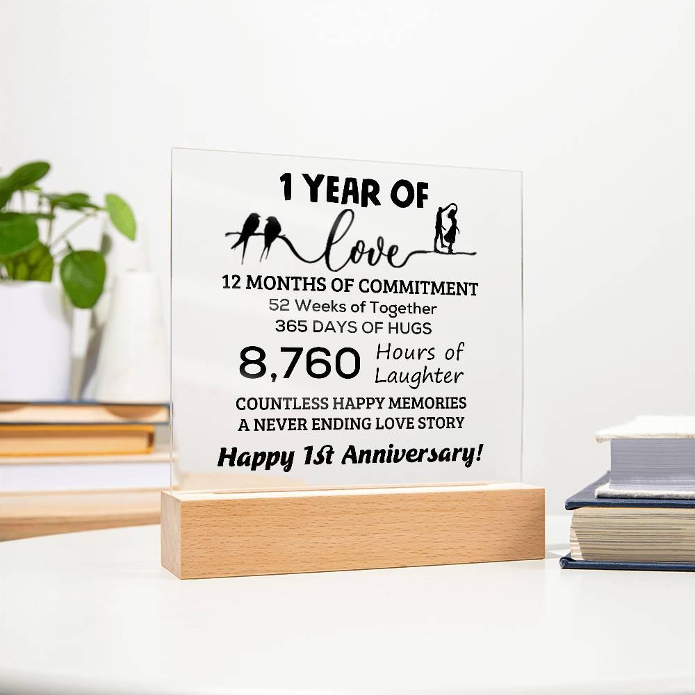 Anniversary Gift One Year of Love, Countless Happy Memories Acrylic Square Plaque with LED Wooden Base - Mallard Moon Gift Shop