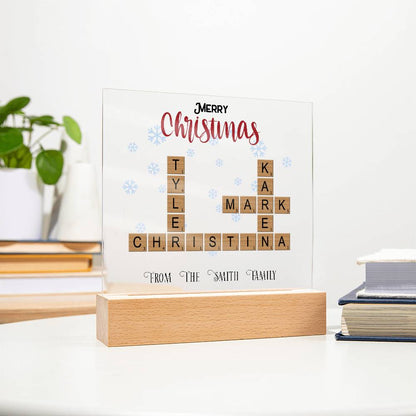 Personalized Crossword Puzzle Merry Christmas Acrylic Plaque with Lighted LED Wooden Base - Mallard Moon Gift Shop