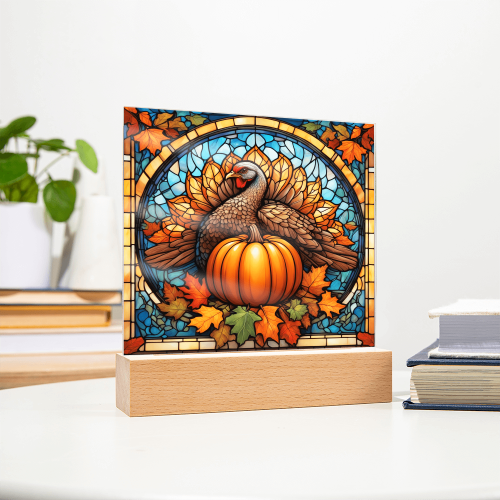 Thanksgiving Stained Glass Turkey Acrylic Plaque – Elegant Fall Home Decor with LED Light Base | Autumn Window Art Inspired Gift