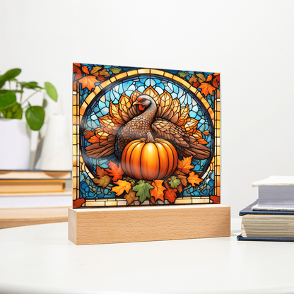 Thanksgiving Stained Glass Turkey Acrylic Plaque – Elegant Fall Home Decor with LED Light Base | Autumn Window Art Inspired Gift