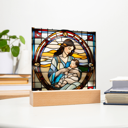 Brunette Mother and Baby - Stained Glass Style LED Acrylic Plaque – A Cherished Gift for Mother's Day or New Moms - Mallard Moon Gift Shop