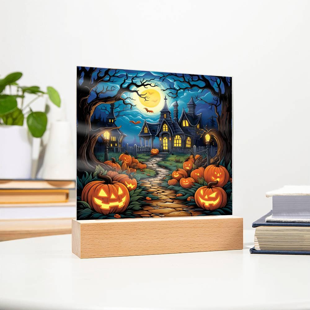 Halloween Decor Haunted Mansion Acrylic Square Plaque with LED Wooden Base - Mallard Moon Gift Shop