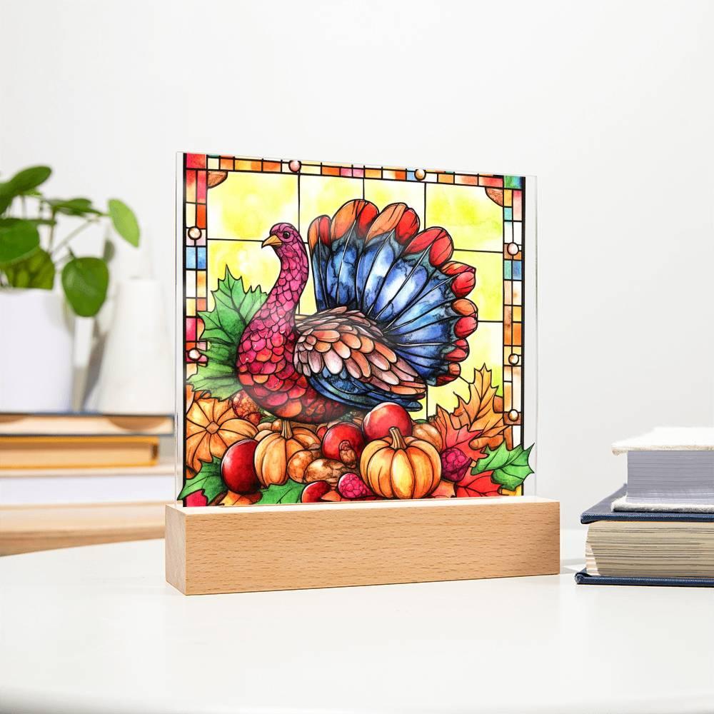 Thanksgiving Turkey Stained-glass Acrylic Square LED Lighted Wooden Base - Mallard Moon Gift Shop