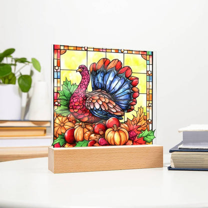 Thanksgiving Turkey Stained-glass Acrylic Square LED Lighted Wooden Base - Mallard Moon Gift Shop