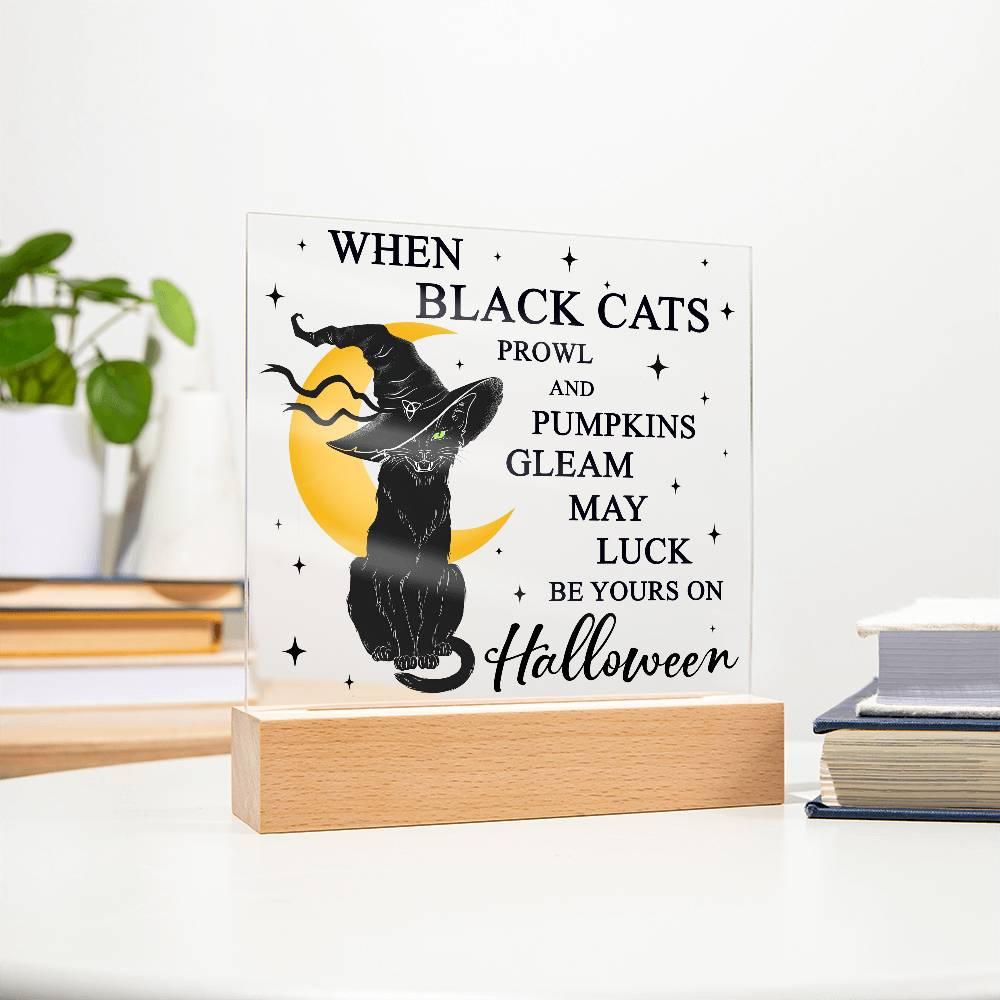 Halloween Decor - Black Cats and Pumpkins Gleam Acrylic Square Plaque with LED Wooden Base - Mallard Moon Gift Shop