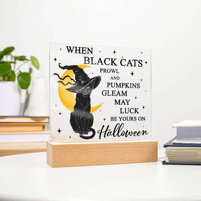Halloween Decor - Black Cats and Pumpkins Gleam Acrylic Square Plaque with LED Wooden Base - Mallard Moon Gift Shop