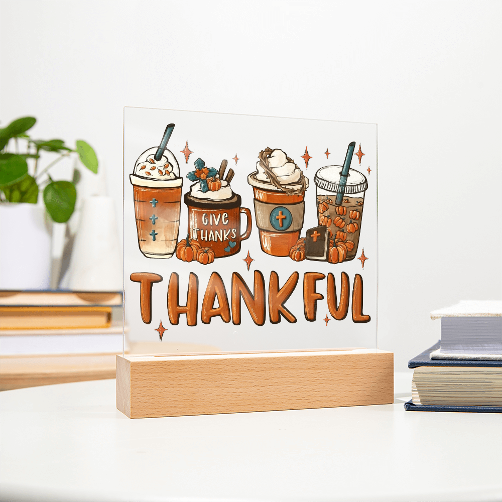 Thankful Coffee Acrylic Plaque – Cozy Fall Décor Gift for Coffee Lovers | “Give Thanks” Autumn LED Light Display