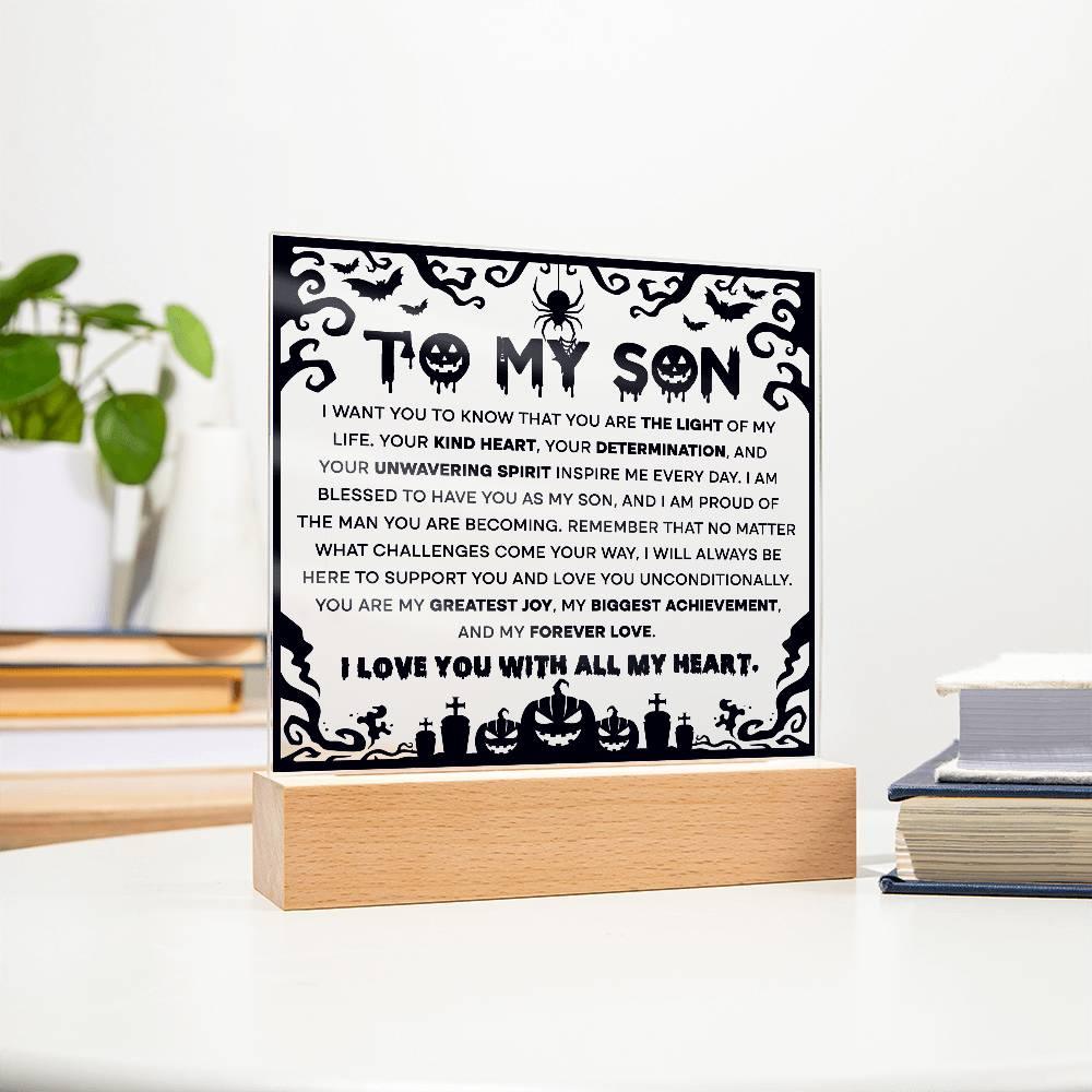 Son - Proudest Achievement - Halloween Acrylic Square Plaque with LED Wooden Base - Mallard Moon Gift Shop