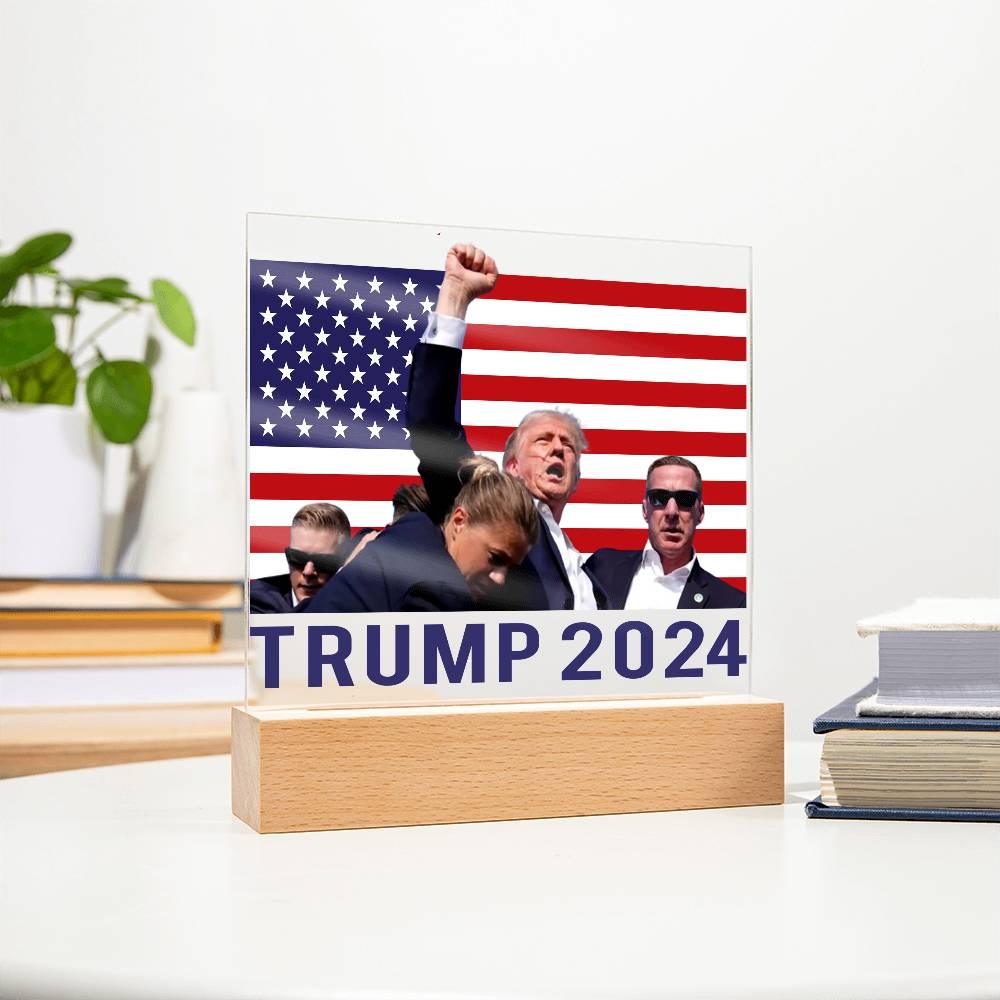 Trump 2024 Butler Rally Acrylic Plaque with LED Lighted Wooden Base - Mallard Moon Gift Shop