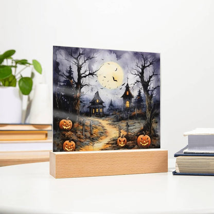 Halloween Haunt: Detailed Mansion Acrylic Plaque with LED Lighted Wooden Base - Mallard Moon Gift Shop