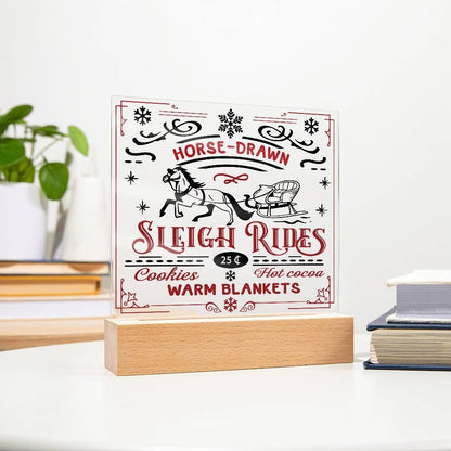 Christmas Horse Drawn Sleigh Rides Acrylic Square Plaque with LED Wooden Base - Mallard Moon Gift Shop