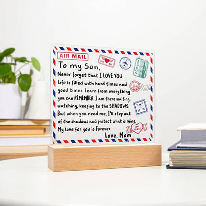 Letter To My Son, Love, Mom Acrylic Square Plaque with LED Wooden Base - Mallard Moon Gift Shop