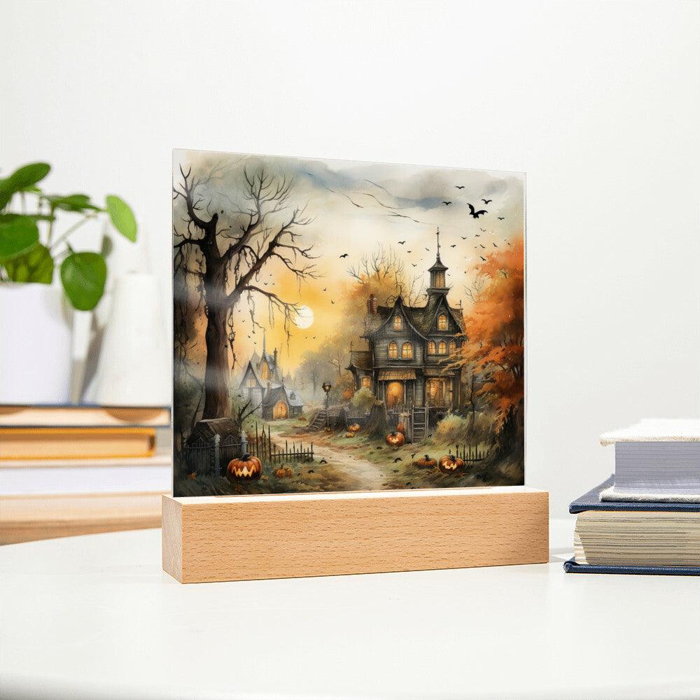 Spectral Spire: Spooky Halloween Mansion Acrylic Square Plaque with LED Lighted Wooden Base - Mallard Moon Gift Shop