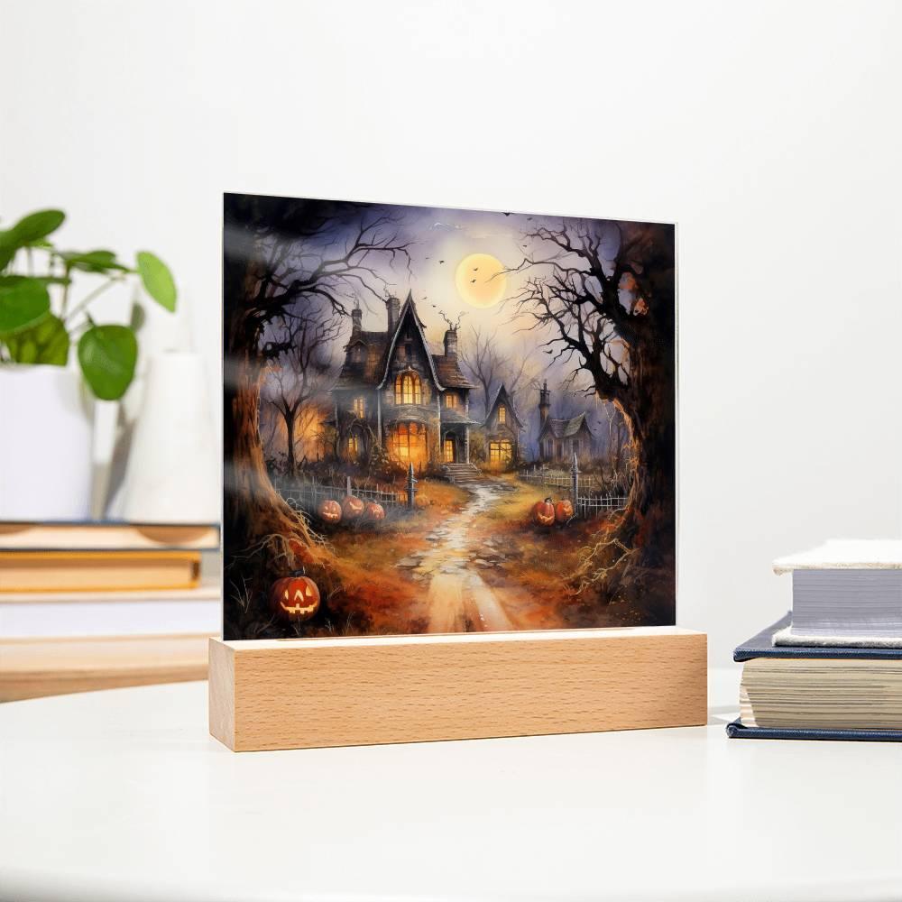 Ghostly Manor: Halloween Acrylic Square Plaque with LED Lighted Wooden Base - Mallard Moon Gift Shop