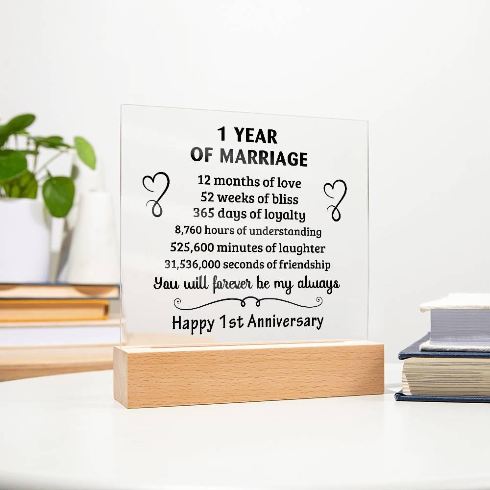 Anniversary Gift - One Year Of Marriage Acrylic Square Plaque with LED Wooden Base - Mallard Moon Gift Shop