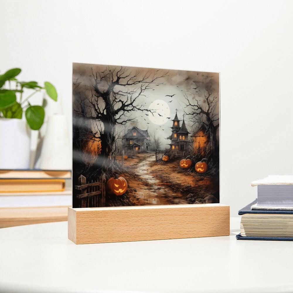 Shadowy Stronghold: Unique Mansion Halloween Acrylic Lighted Plaque - Mallard Moon Gift Shop