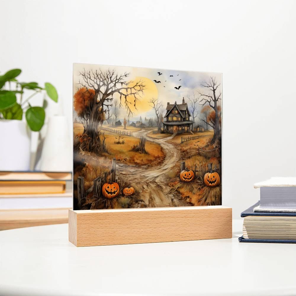 Haunted Elegance: Spooky Halloween Mansion Acrylic Square Plaque with LED Lighted Wooden Base - Mallard Moon Gift Shop