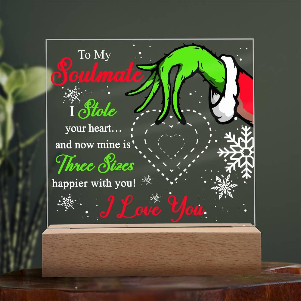 Soulmate Gift - Stole My Heart - Christmas Acrylic Plaque with Lighted LED wooden Base - Mallard Moon Gift Shop