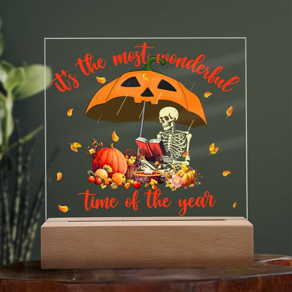 Halloween Decor - Most Wonderful Time of The Year Acrylic Square Plaque with LED Wooden Base - Mallard Moon Gift Shop