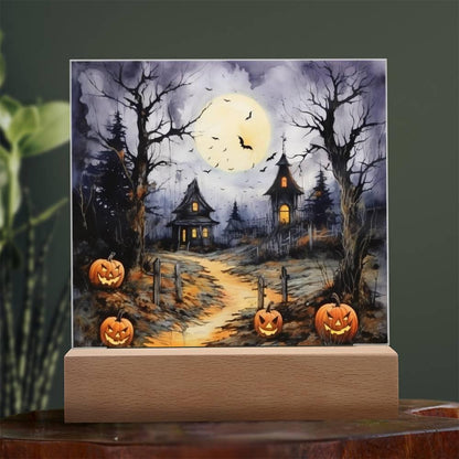 Halloween Haunt: Detailed Mansion Acrylic Plaque with LED Lighted Wooden Base - Mallard Moon Gift Shop
