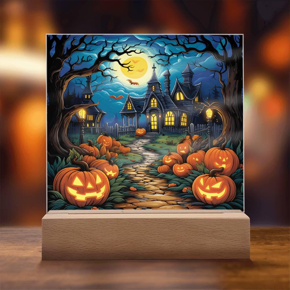 Halloween Decor Haunted Mansion Acrylic Square Plaque with LED Wooden Base - Mallard Moon Gift Shop