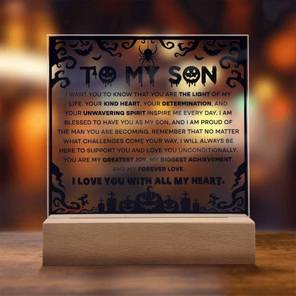 Son - Proudest Achievement - Halloween Acrylic Square Plaque with LED Wooden Base - Mallard Moon Gift Shop