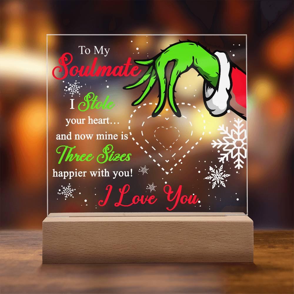 Soulmate Gift - Stole My Heart - Christmas Acrylic Plaque with Lighted LED wooden Base - Mallard Moon Gift Shop