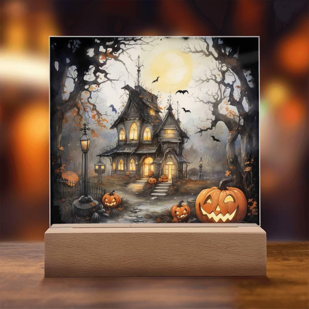 Chilling Manor: Haunted Halloween Mansion Acrylic Square Plaque with LED Lighted Wooden Base - Mallard Moon Gift Shop