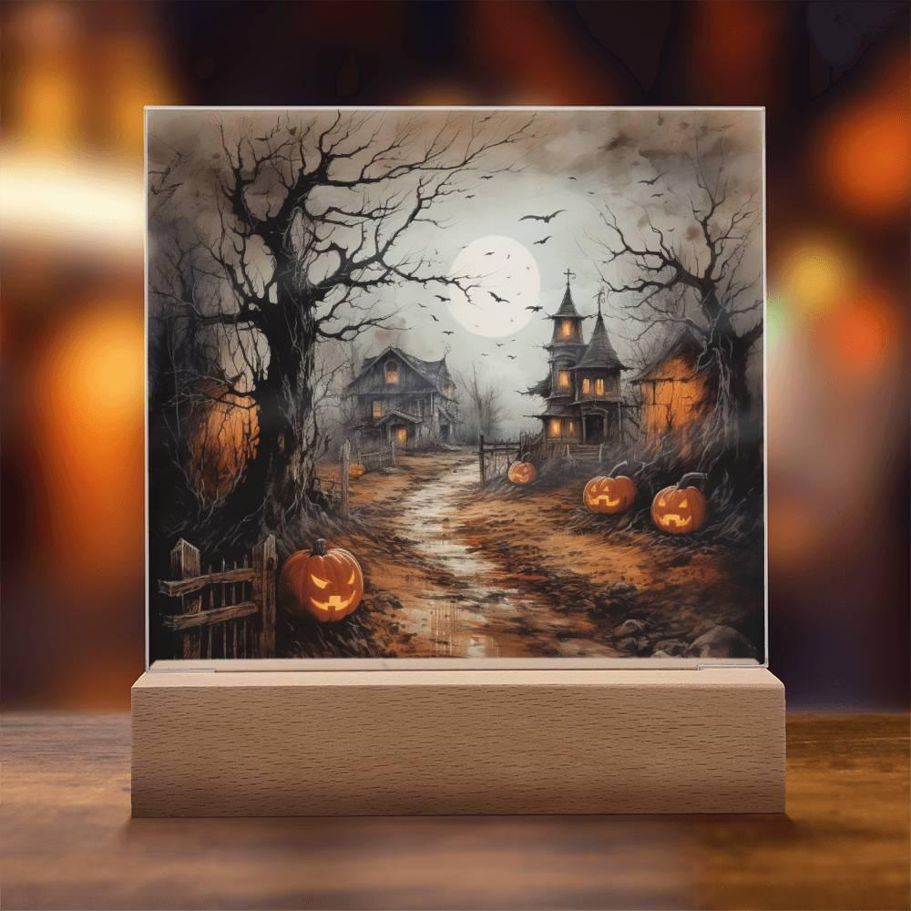 Shadowy Stronghold: Unique Mansion Halloween Acrylic Lighted Plaque - Mallard Moon Gift Shop