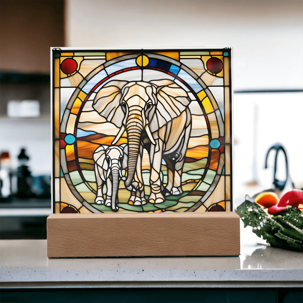 Elephant Mother and Baby Calf - Stained Glass Style LED Acrylic Plaque – A Symbol of Strength, Love, and Family - Mallard Moon Gift Shop