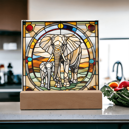 Elephant Mother and Baby Calf - Stained Glass Style LED Acrylic Plaque – A Symbol of Strength, Love, and Family - Mallard Moon Gift Shop