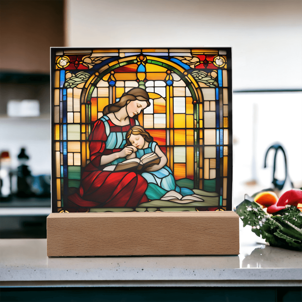 Mother and Child Reading Together Stained-Glass Style LED Acrylic Plaque – A Heartfelt Gift for Moms and Book-Loving Families - Mallard Moon Gift Shop