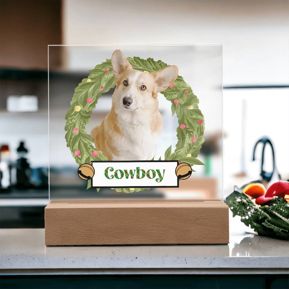 Pet Personalized Holiday Wreath Photo Upload Keepsake Acrylic Plaque with Lighted LED Wooden Base - Mallard Moon Gift Shop