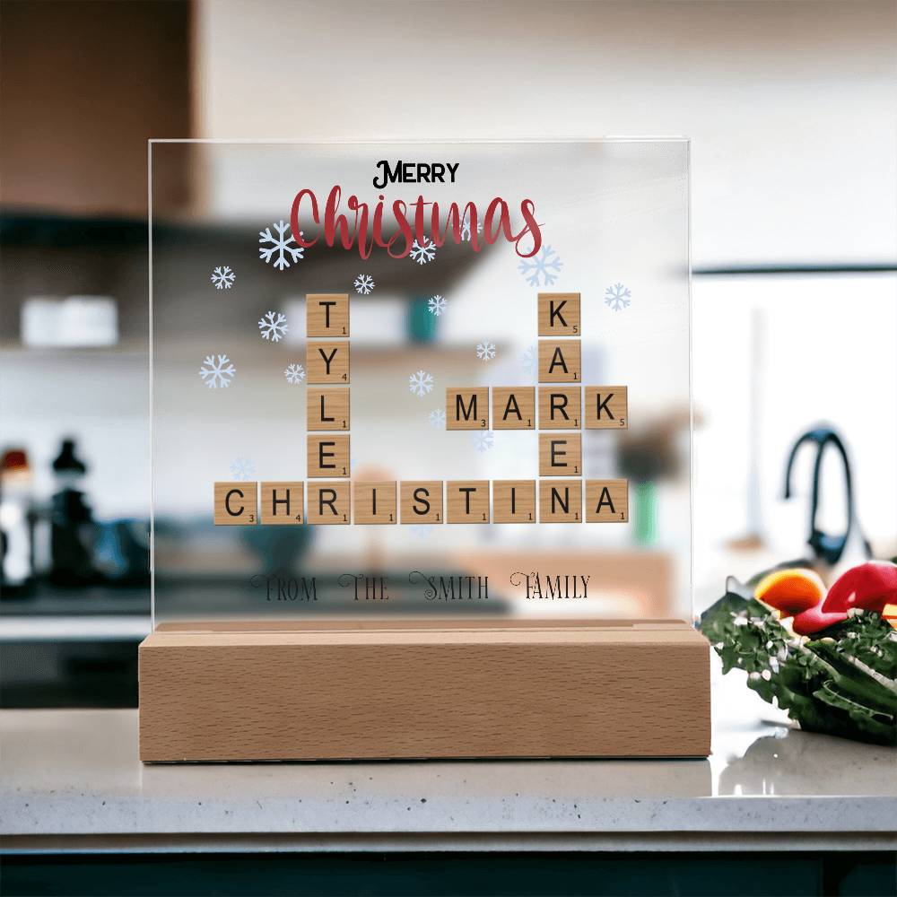 Personalized Crossword Puzzle Merry Christmas Acrylic Plaque with Lighted LED Wooden Base - Mallard Moon Gift Shop
