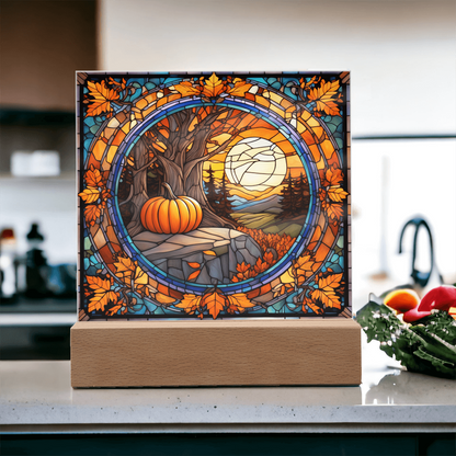 Stained Glass Autumn Pumpkin Sunset Acrylic Plaque – Fall Harvest Home Decor with LED Light Base | Thanksgiving Window Art Accent