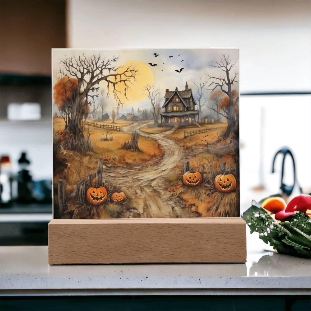 Haunted Elegance: Spooky Halloween Mansion Acrylic Square Plaque with LED Lighted Wooden Base - Mallard Moon Gift Shop